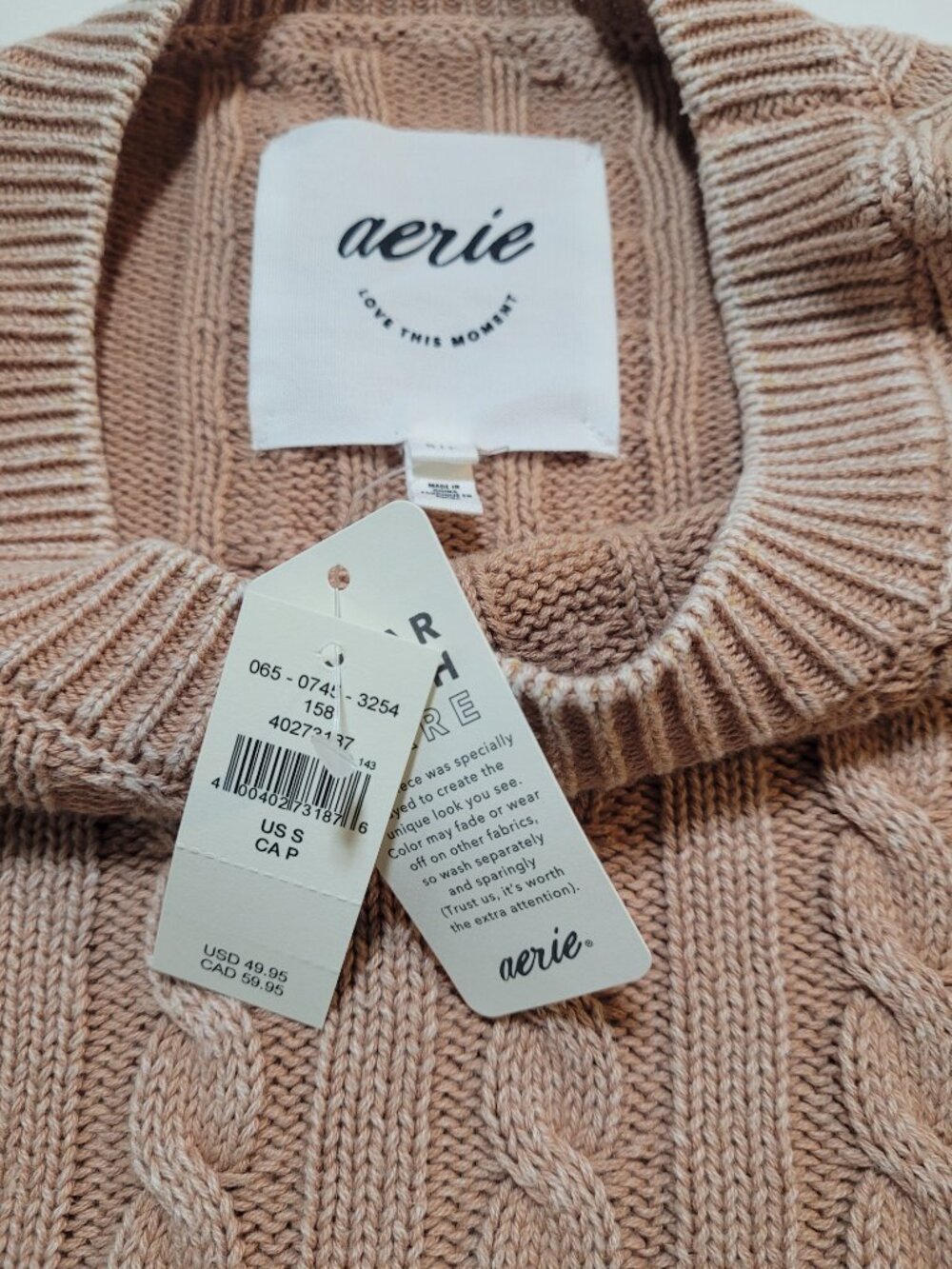 Aerie Cable Knit Cropped Sweater Tan Small Modern Prep NWT Coquette - Picture 5 of 9